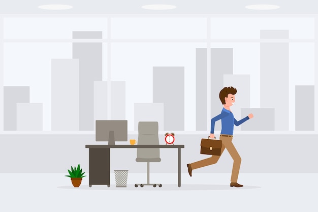 young adult man in light brown pants running away from office at the end of day vector illustration