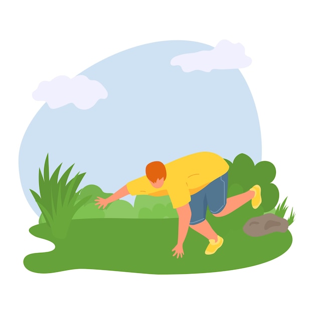 Молодой взрослый мужчина растягивается в парке в повседневной одежде и занимается фитнесом на свежем воздухе, здоровый