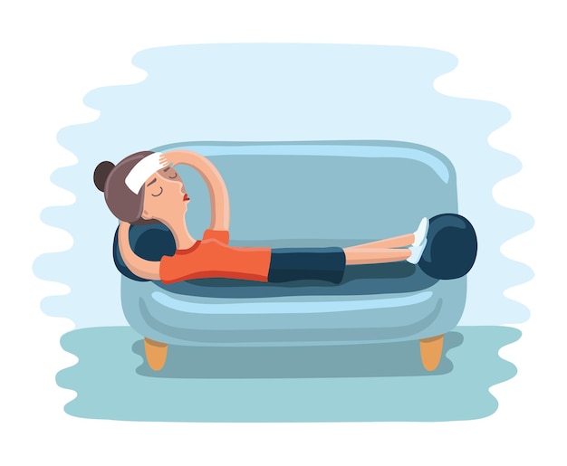 young adult woman lying on sofa with sickness