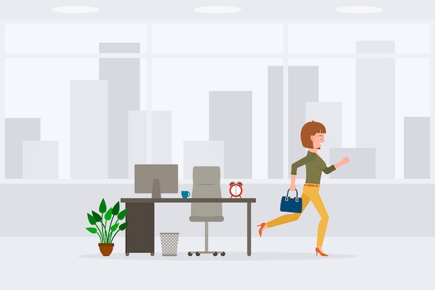young adult woman running away from office at the end of day vector illustration fast moving forward