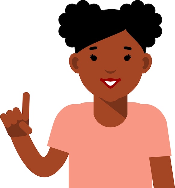 Young African American Black Woman Point Gesture Finger Up Attention Insight in Flat Style