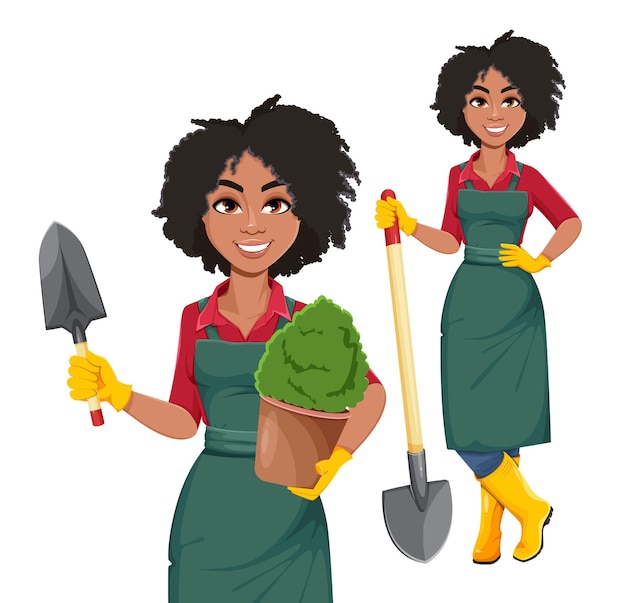 Vettore giovane donna giardiniere afroamericano, set di due pose