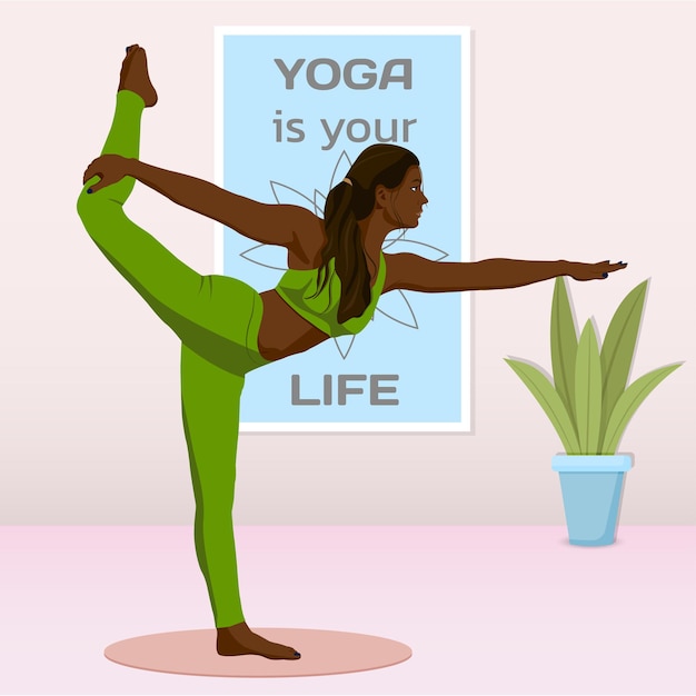 A young african-american girl in a green suit is doing yoga at the yoga center. girl in the style of faceless