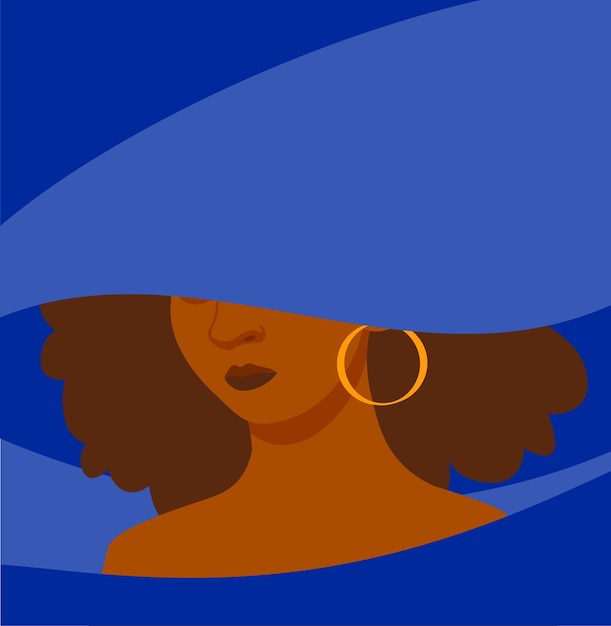 Young african american woman female character with dark curly hair in wide blue hat and dress strong