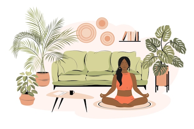 Giovane donna afroamericana seduta a gambe incrociate nella sua casa, praticando yoga e godendosi la meditazione. concetto per yoga, relax, svago, stile di vita sano. illustrazione vettoriale