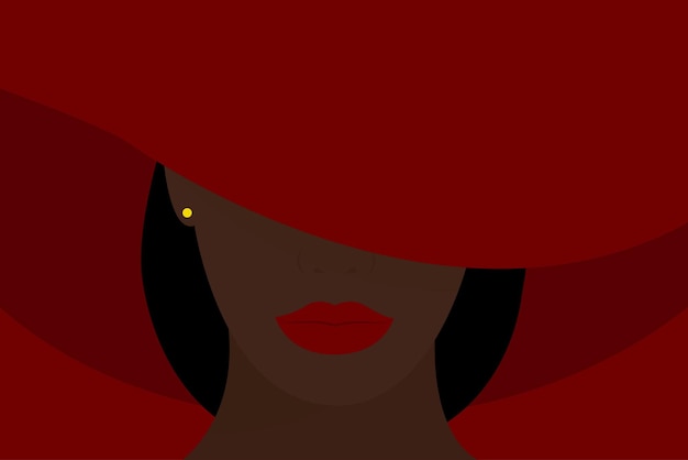 A young african american woman with black hair wearing a wide-brimmed red hat covering her face. bla