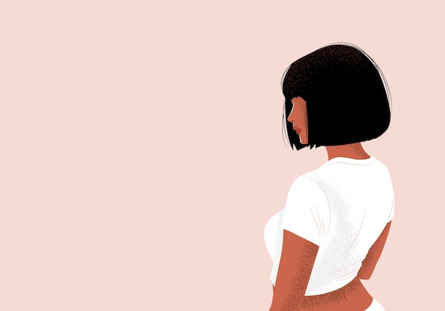 Young african american woman with short black straight hair in white tee shirt vector art poster