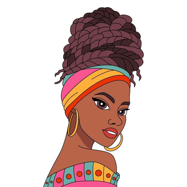 Vettore giovane ragazza nera africana in un turbante colorato con acconciatura tradizionale afro illustrazione da colorare