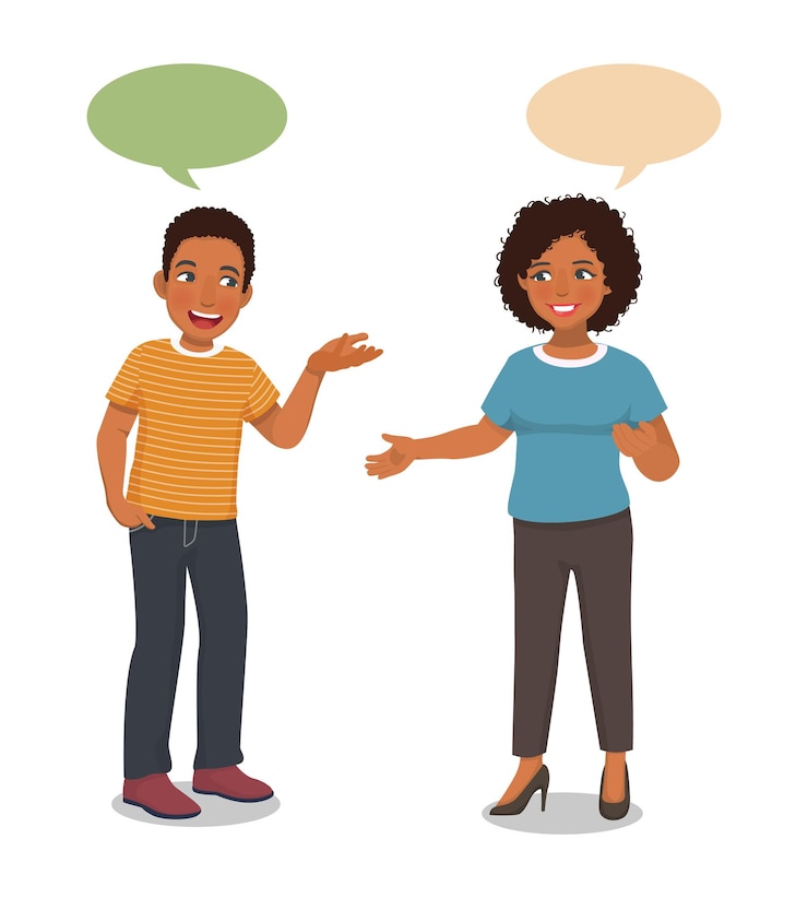 Vector young african couples woman and man talking to each other having conversation with speech bubbles