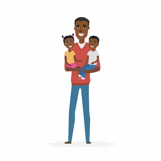 Vector young african father with babies - cartoon people characters isolated illustration on white background. handsome man holding little children in his arms