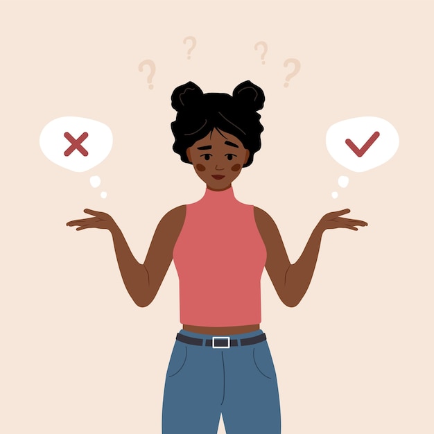 Vector young african girl choose yes or no woman making decision in doubt problem solving concept of choice or selectionvector illustration in flat cartoon style