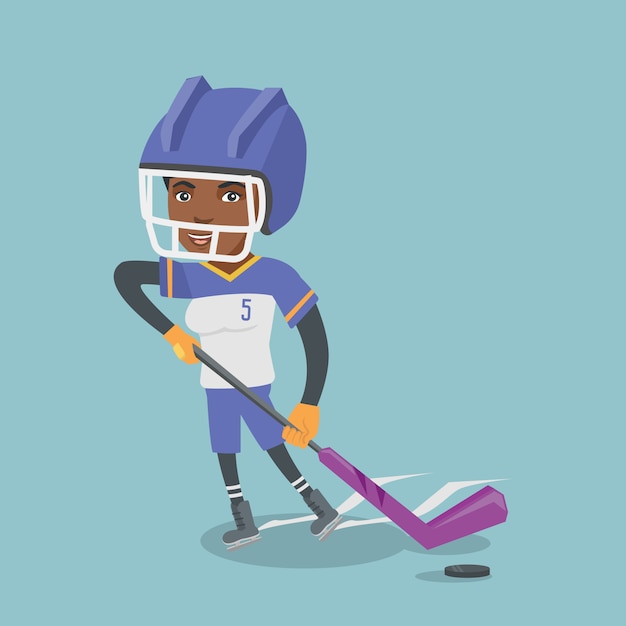 Young african ice hockey player with a stick.