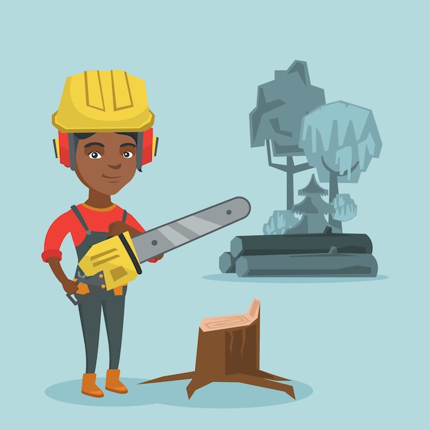 Vector young african lumberjack holding a chainsaw.