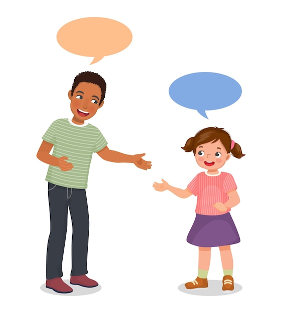 Vector young african man talking to cute little girl having conversation with speech bubbles