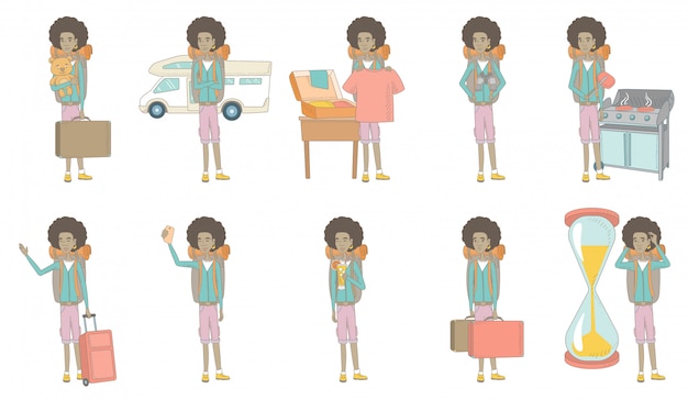 Young african traveler character set