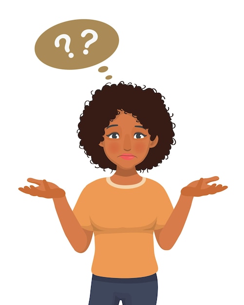 Vector young african woman feeling confused doubt and clueless with no idea gesture shrugging shoulders