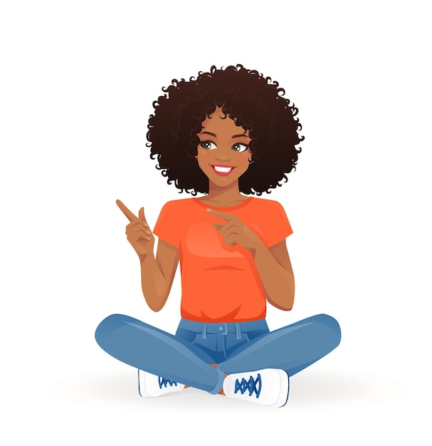 Vector young african woman sitting with crossed legs and pointing away isolated vector illustration