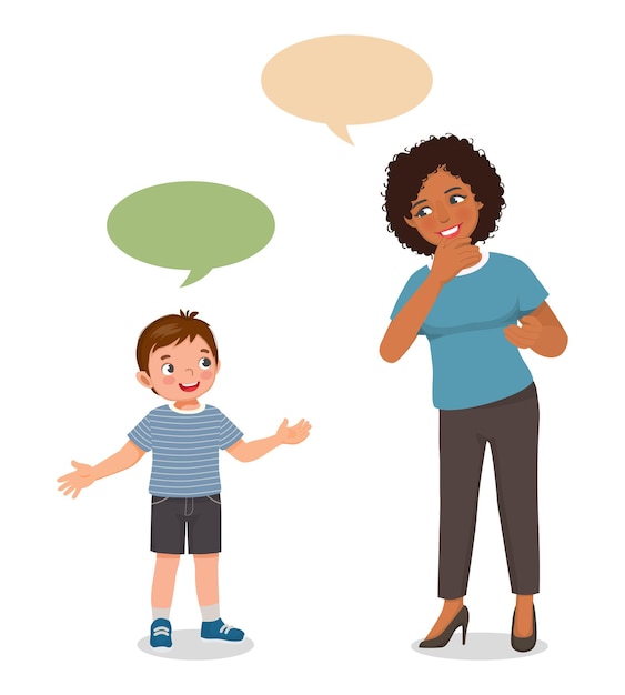 Young african woman talking to cute little boy having conversation with speech bubbles