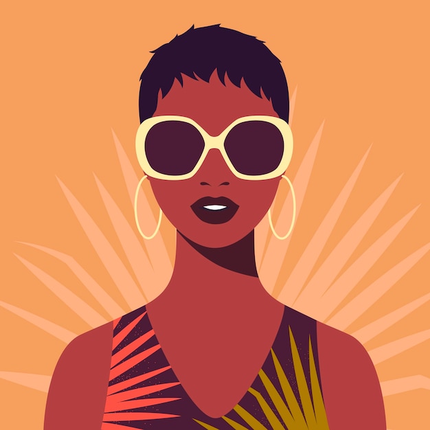 young african woman with short hair and sunglasses portrait of beautiful african woman full face