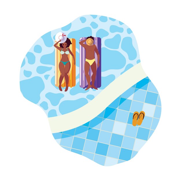 Vector young afro couple with float mattress in water