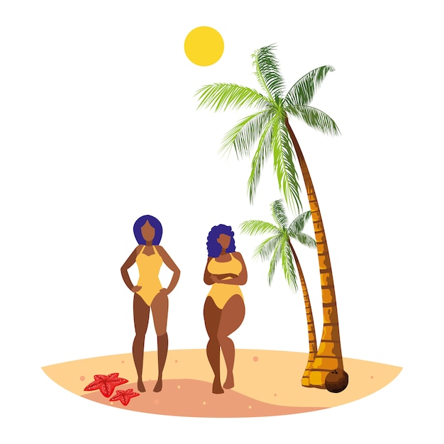 Vector young afro girls couple on the beach summer scene