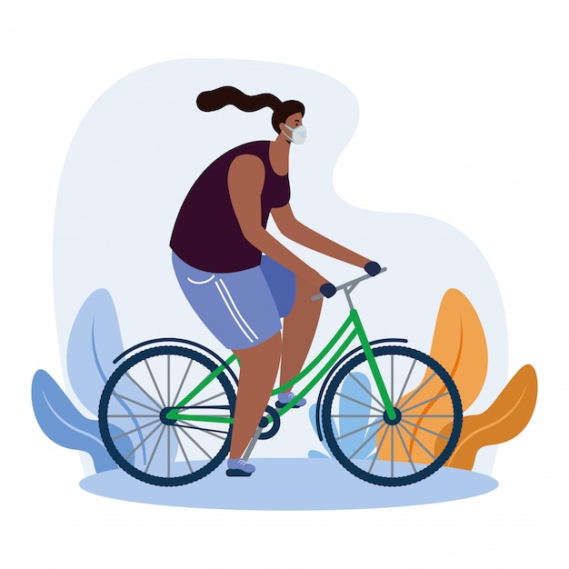 Vector young afro woman wearing medical mask in bicycle