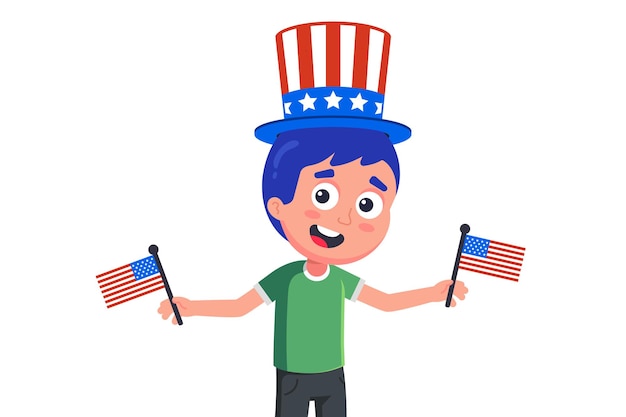 Молодой американец в шляпе и с флагами празднует день независимости.