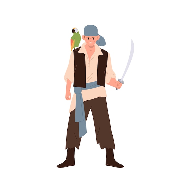 Young angry pirate cartoon character holding sable standing with parrot sitting on shoulder