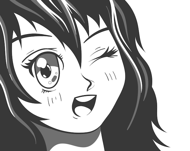 若いアニメの女の子黒と白の笑顔フラット漫画モダンなスタイルのグラフィックイラスト