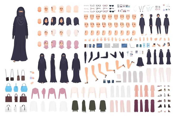  Young arab woman in burqa constructor set or animation kit. bundle of female character body parts, 