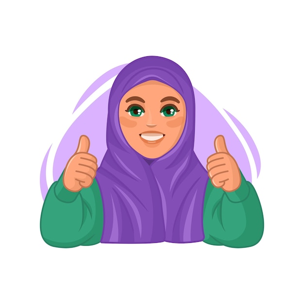 벡터 히잡을 쓰고 웃고 엄지손가락을 치켜드는 젊은 아랍 여성