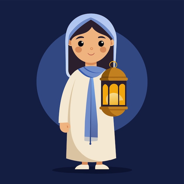 Vector a young arab woman in a white robe holding a lantern during ramadan a young arab girl holding a lantern during ramadan simple and minimalist flat vector illustration