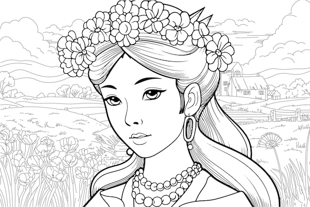 Young asian princess portrait coloring page outline black ink drawing antistress coloring book