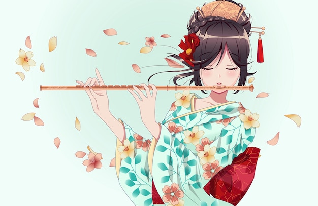 Young Asian woman playing flute vector illustration