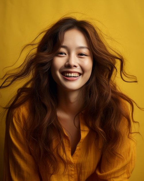 벡터 노란색 배경에 긴 머리카락으로 미소 짓는 젊은 아시아 여성