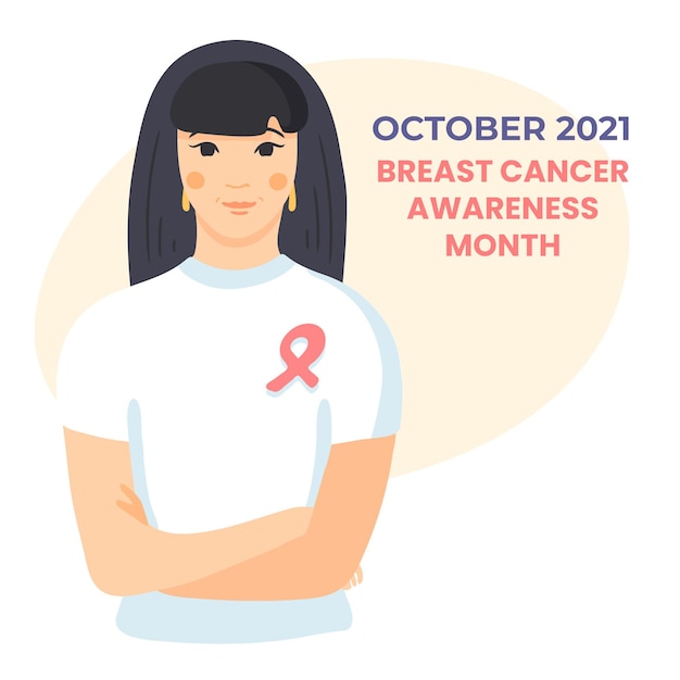 Young asian woman in white T-shirt with pink ribbon on her chest, hands crossed. Breast cancer awareness month vector illustration.