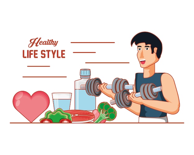 Vector young athlete training sport with healthy lifestyle icons