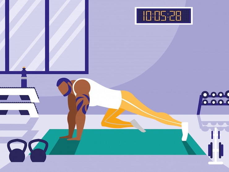 Vector young athletic afro man doing chest push ups in gym