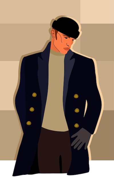 Vector young attractive male model in dark blue coat, black hat, beige sweater and brown trousers. on check