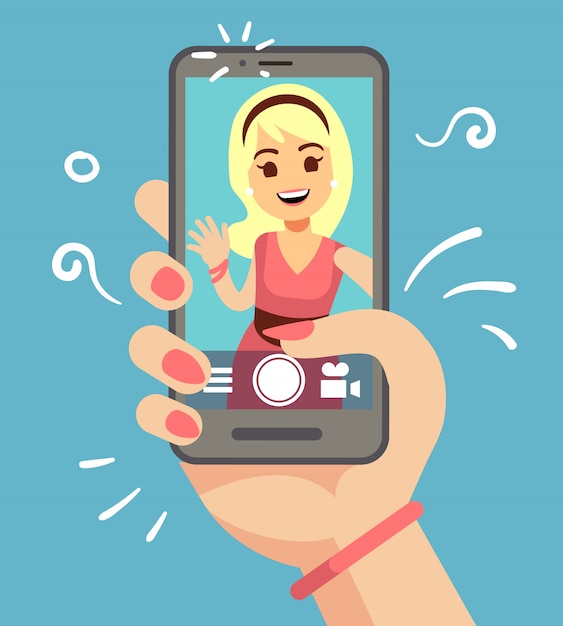 Vector young attractive woman taking selfie photo on smartphone outdoor. beautiful girl portrait on phone screen. cartoon vector illustration