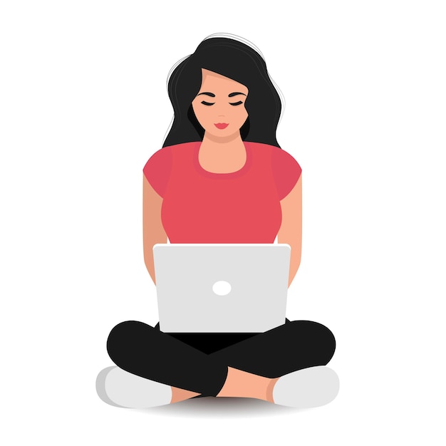 Vector young attractive woman works at a laptop sitting on the floor. freelance concept. vector illustration