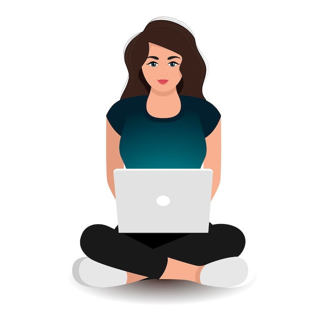 Vector young attractive woman works at a laptop sitting on the floor. freelance concept. vector illustration