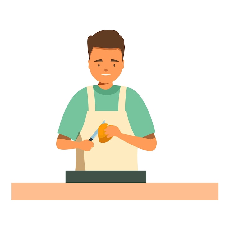 Vector young baker cutting dough with knife on table in bakery