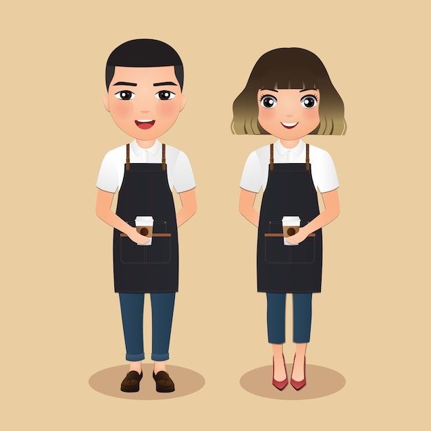 Vector young barista women and man in apron smiling holding coffee cup. cute cartoon character.