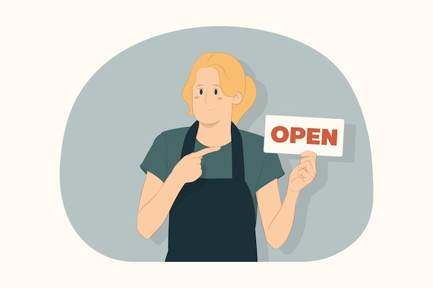 OPEN 제목 개념이 있는 기호에 검지 손가락을 가리키는 젊은 바텐더 여성