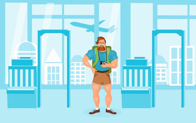 Vector young bearded hipster male in eyeglasses travelling with the knapsack on the airport