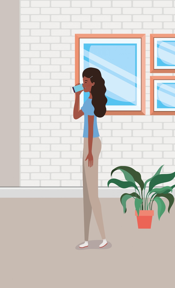 Vector young and beautiful afro girl character in the house