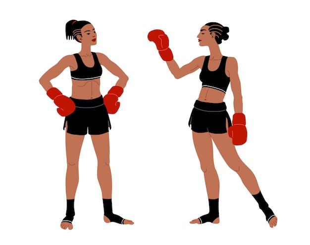 Vector young beautiful athletic girls greet each other muay thai boxers sparring partners