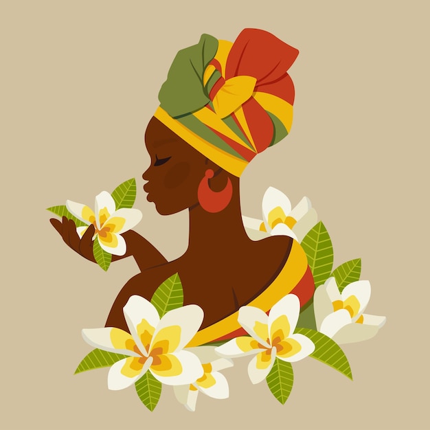 Young Beautiful Black Woman African American Girl With Plumeria Flowers Female Ethnicity Character In National Dress Portrait Art Vector Cartoon Flat Illustration For Avatar Fashion Card
