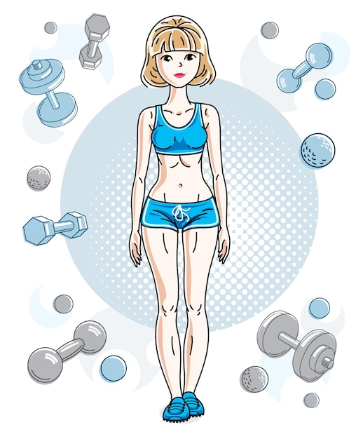 Young beautiful blonde athletic woman posing on simple background with dumbbells and barbells. Vector illustration of attractive female.  Active and healthy lifestyle theme cartoon.